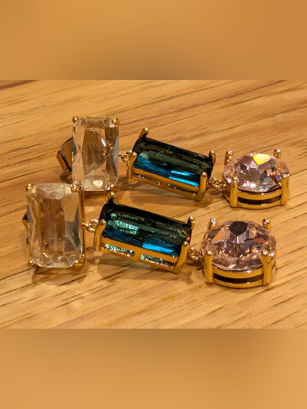 Goldtone Earrings with Clear Blue And Pink Stones
